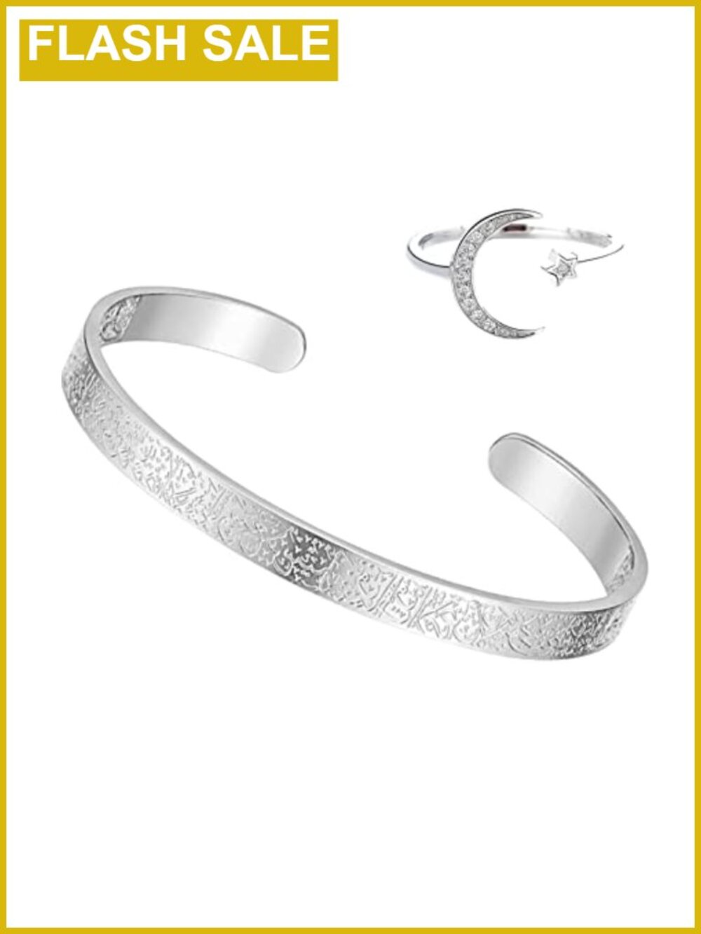 Islamic Jewelry Set Allah Ayatul Kursi Bracelet & Moon Star Ring Adjustable